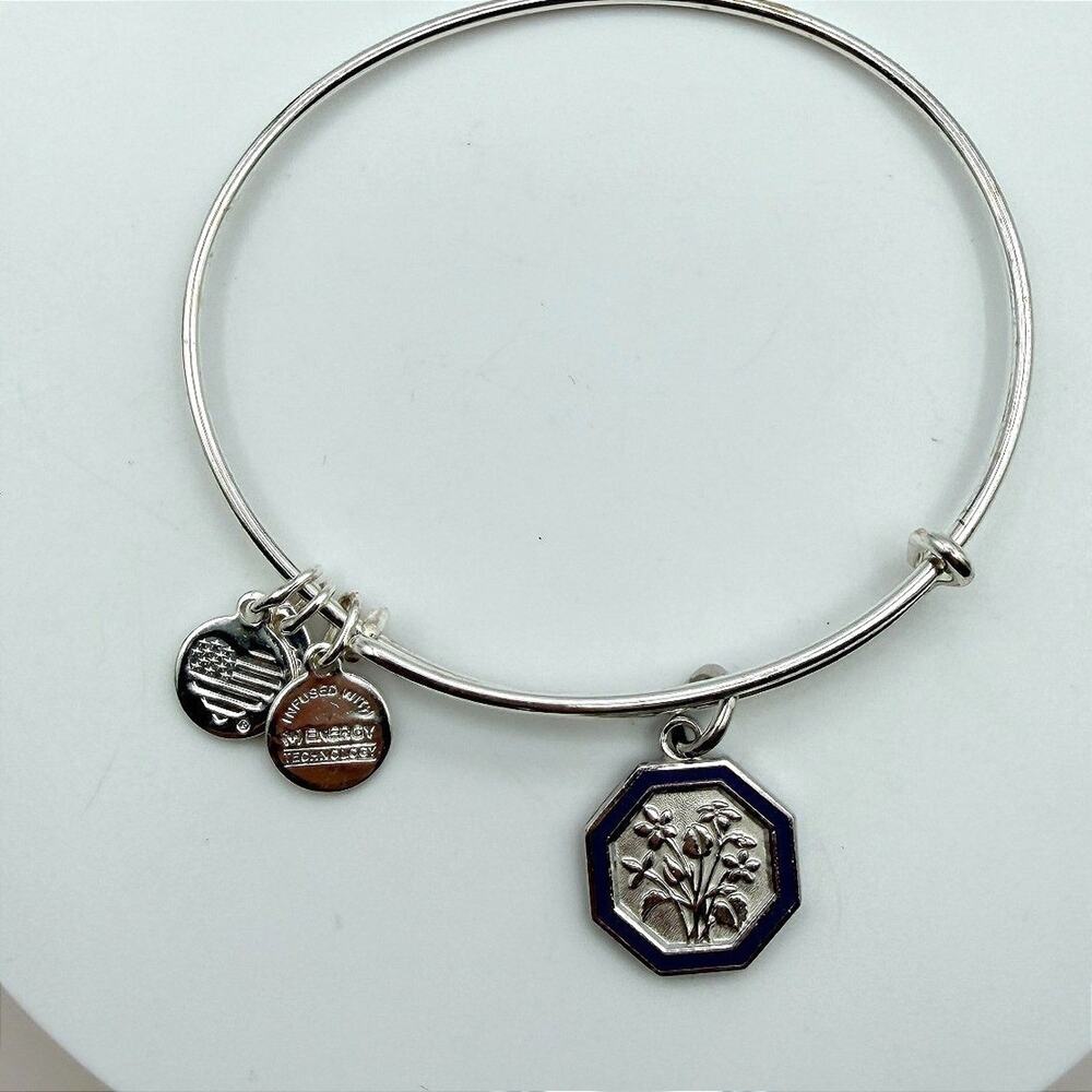 Vintage Y2K Alex Ani Silver Tone Expandable Bangle Floral Octagon Charm Jewelry